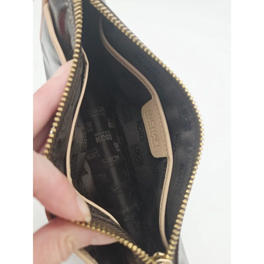 Michael Kors Glossy Brown Leather Makeup Bag Cosmetic Long Tan Monogram Logo